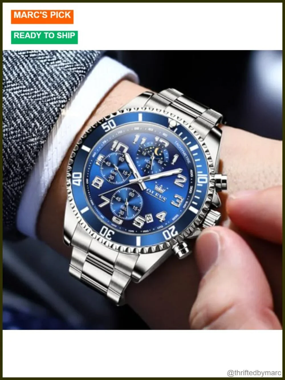 Men's Stainless Steel Watch Quartz Movement Chronograph Waterproof